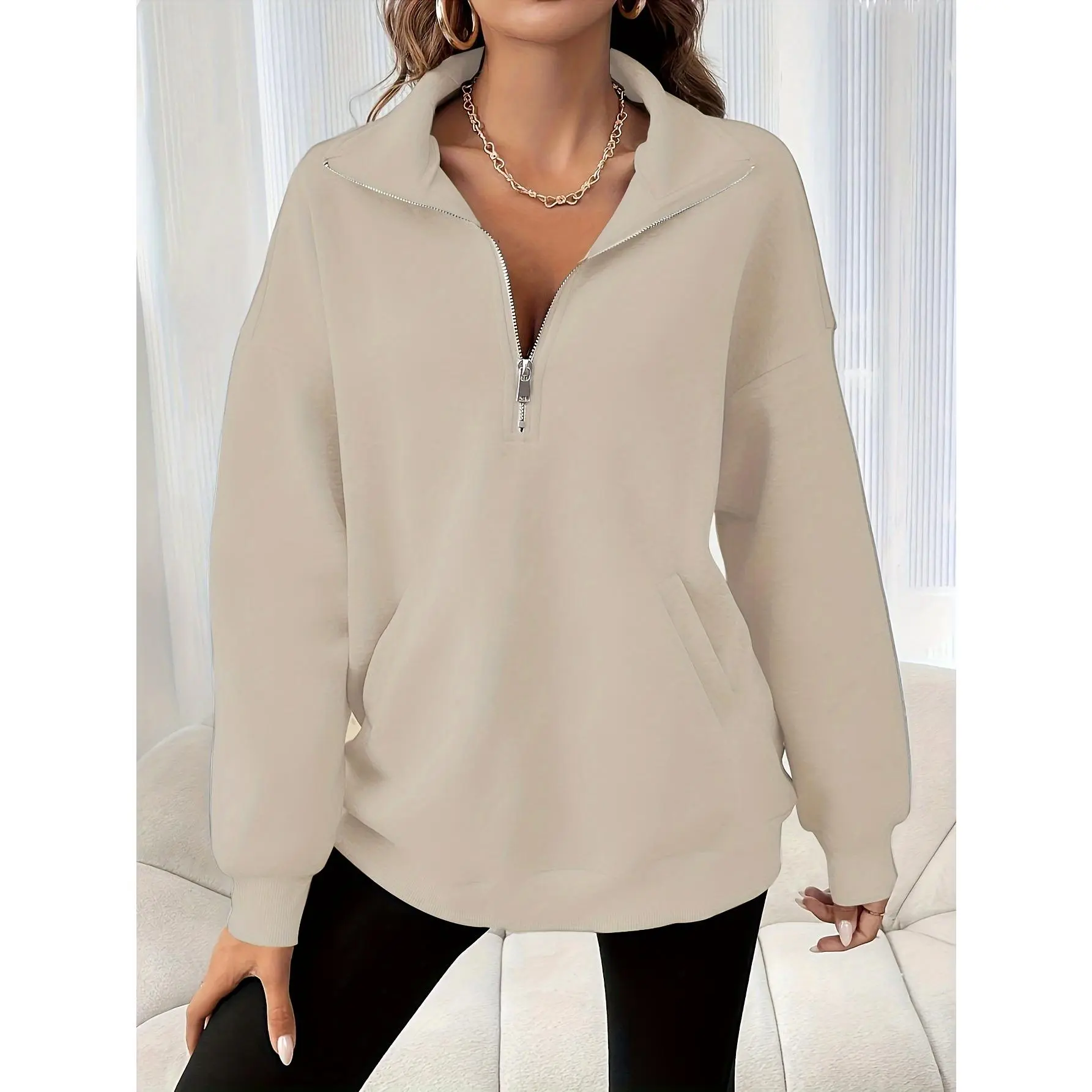 Women's Solid Color Half-Zip Pullover Hoodie with Metal Chain Detail, Casual Polyester Knit Sweatshirt for Fall/Winter