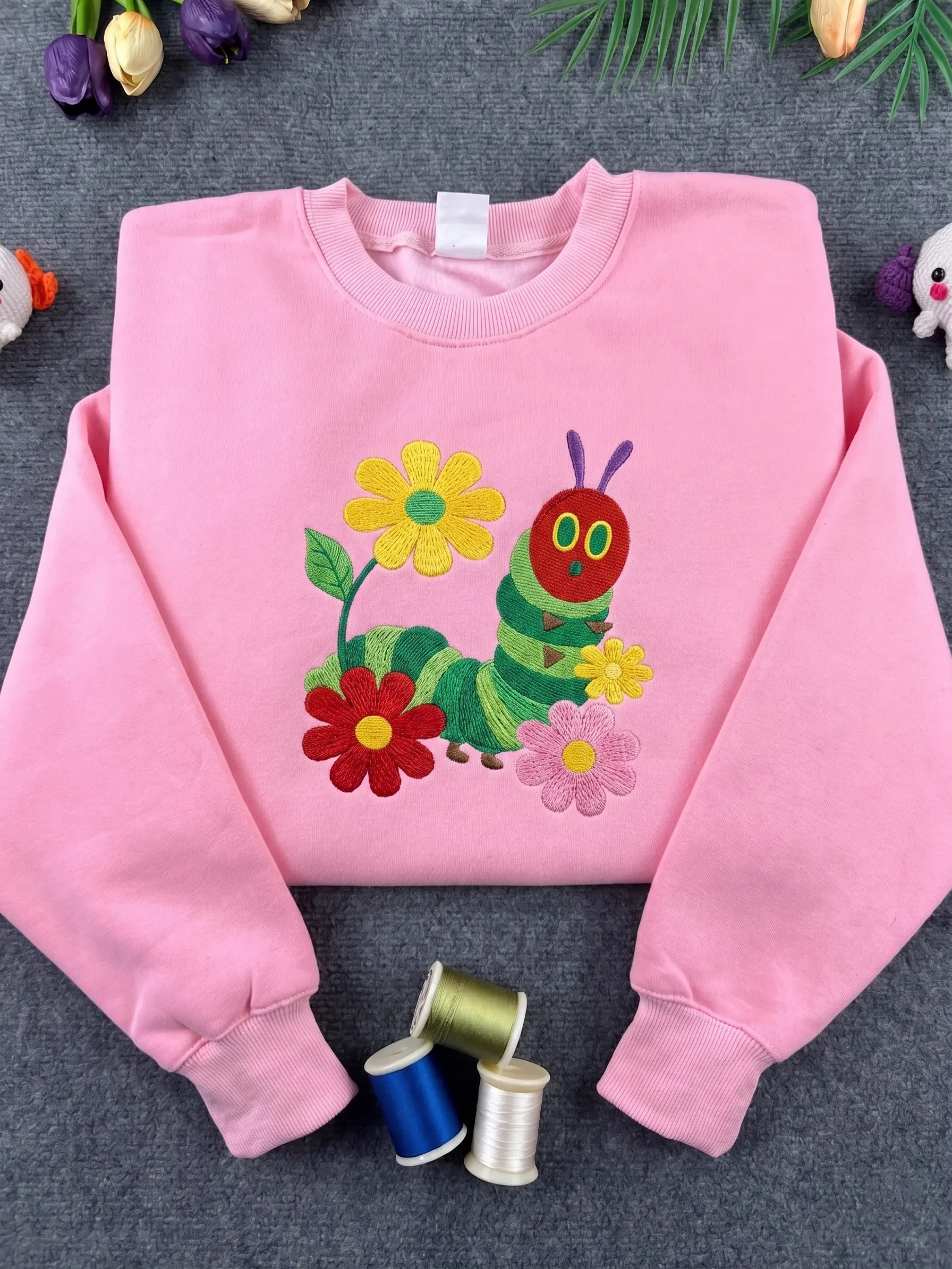 Embroidered Floral Hungry Caterpillar Sweatshirt, Kids Worm Crewneck, Worm With Flowers Embroidery, Floral Lover Shirt, Back To School Shirt