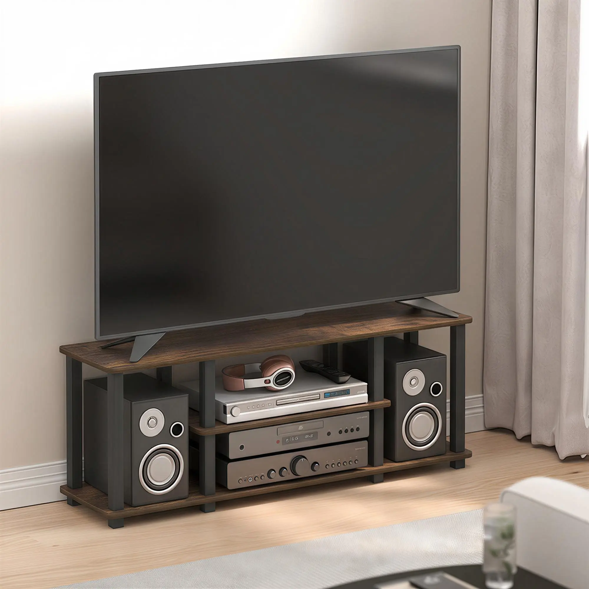 TURN-S-TUBE TV Stand, 3-Tier No Tools 2.5D Entertainment Center, TV Console for TV up to 50 Inch, with Square Tube, for Living Room, Bedroom, Amber Pine, Space-Saving TV Stand and Media Console for Living Room, Bedroom or Apartment