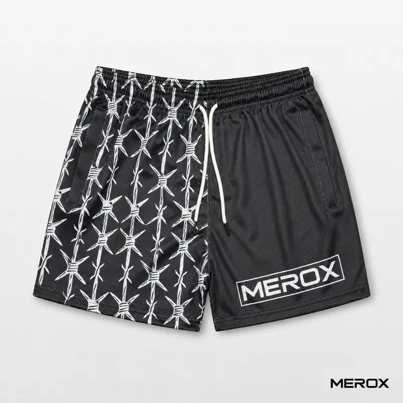 MEROX Unisex Black Half Barbed Wire 5-Inch Mesh Shorts for Men & Women – Split Design Gym, Workout, Bodybuilding, Running, Basketball & Streetwear Shorts with Zipper Pockets