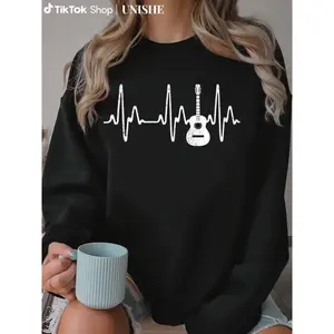 100% Unisex Acoustic Guitar Heartbeat Long Sleeve Sweatshirt – Casual Musician Top