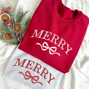 Coquette Merry Bow Embroidered Crewneck Sweatshirt | Holiday Sweatshirt | Gift for Her | Preppy Christmas Crew | Trendy Holiday Bow| G18EMB1