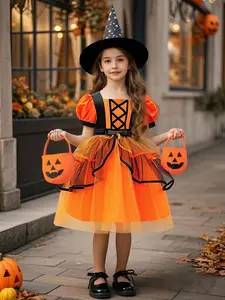 Halloween Costume Dress for Kids, Princess Pumpkin Role Play, Cute Party Wear for Children, Festive Performance Clothing
