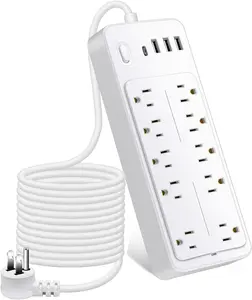 20FT Power Strips with Surge Protection 1625W/13A, 10 Outlets with 4 USB Ports (1 USB C) Long Extension Cord with Multiple Outlets 14-in-1 1700J 16Awg Flat Plug Power Strip Protector White ETL Listed