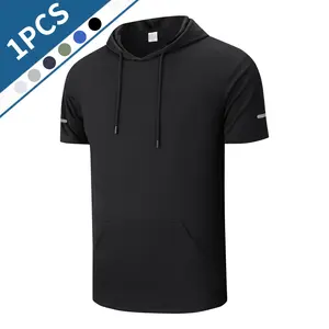 Men’s fashion casual short-sleeve shirt, men’s sports hooded T-shirt — solid color, short sleeves, breathable polyester, quick-drying and machine washable, loose and comfortable, perfect for running and workouts