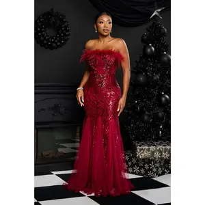 STRAPLESS FEATHER TRIM NECKLINE SEQUIN EMBROIDERED MAXI DRESS