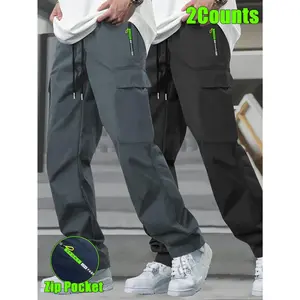 Men's 2pcs Loose-Fit Cargo Pants - Straight Leg Multi-Pocket, Drawstring Waist & Zipper Details for Spring/Fall Outdoor Wear