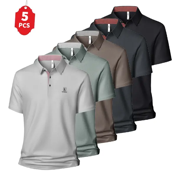 Men's 5-Pack Classic Polo Shirts, Short-Sleeve Relaxed Fit Business Casual Tops with Small Embroidered Badge, Wrinkle-Resistant Textured Fabric, Menswear, Plain, Pants, Shortsleeve, Polyester, Basic Look