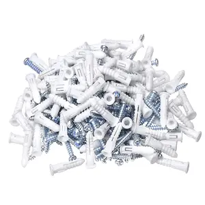 Ribbed Wall Anchors #8-#10 1-Inch with Screws 100-Pack, White, Plastic Anchor for Drywall/Concrete, Pan  Phillips Screw Included