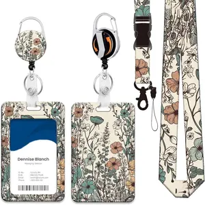 Teacher ID Badge Holder Set with Lanyard, Retractable Reel, 360 Degree Swivel Clip, Floral Design, Ideal for Office Use