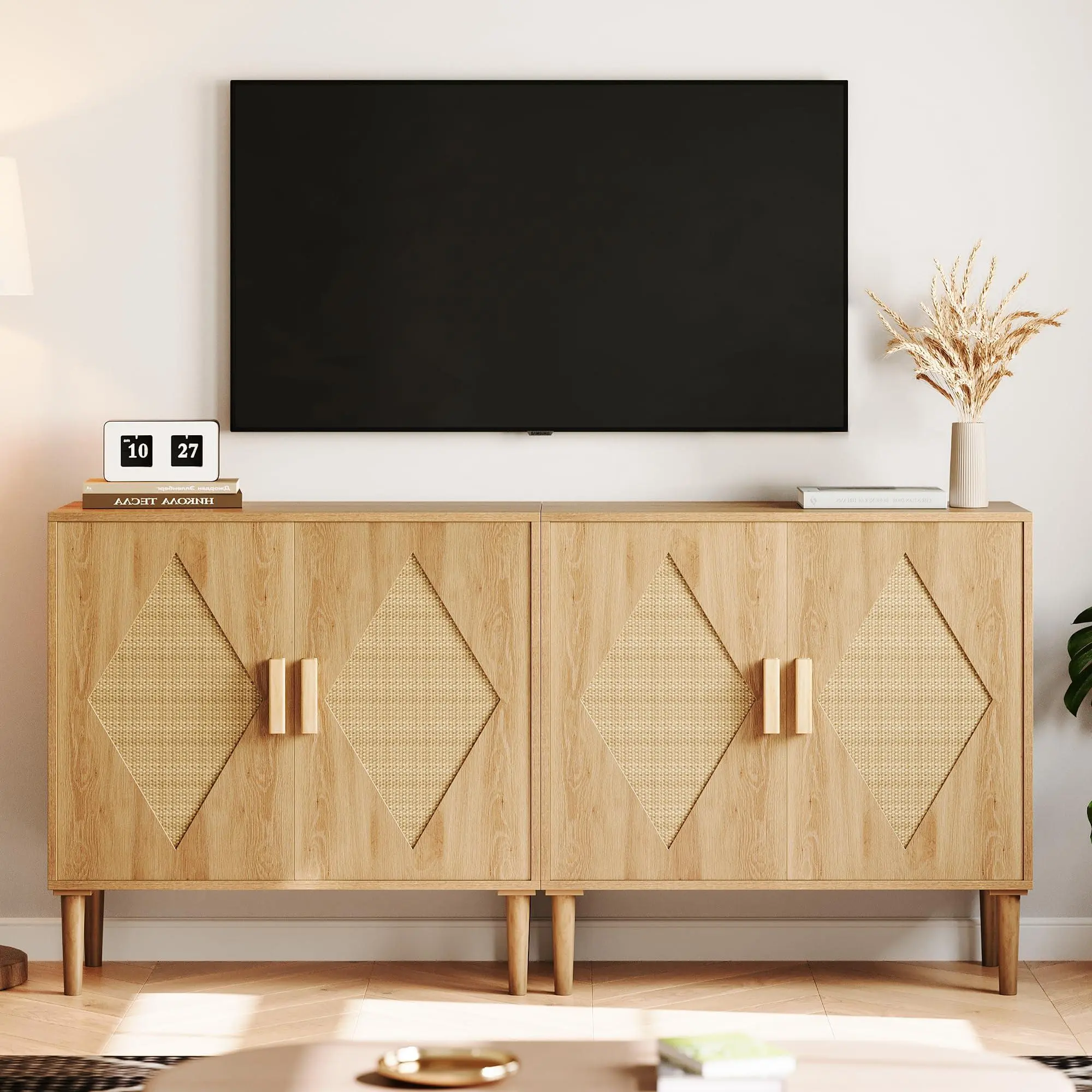 2-Piece Natural Oak & Rattan Modern Buffet Cabinet Sideboard - 2 Doors, Adjustable Shelves, Woven Cane Panels, Boho Texture, 15.7"w x 31.5"d, Easy Assembly for Dining Room, Living Room, Sturdy Legs