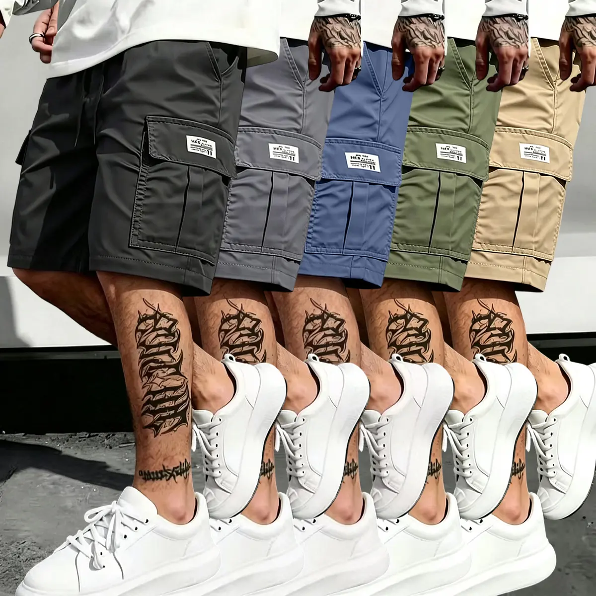 Set of 5 men’s cargo shorts — summer casual drawstring shorts with multiple pockets; multifunctional, suitable for everyday wear, the beach, and workouts.Men's Shorts