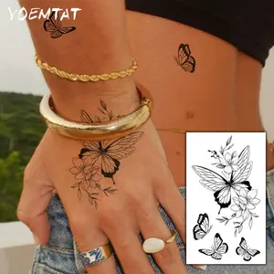 Waterproof Temporary Tattoo Sticker Black Line Butterfly Flowers Leaves Body Art Arm Fake Tattoos For Women Men Wrist Neck Hand