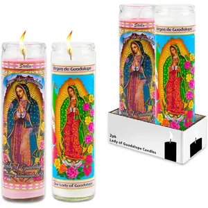 Our Lady of Guadalupe Devotional Candle 2 Pack - 2 Glass Prayer Candles for Vigils Prayers Blessing Religious Ceremonies Pink and White Unscented Religious Candles