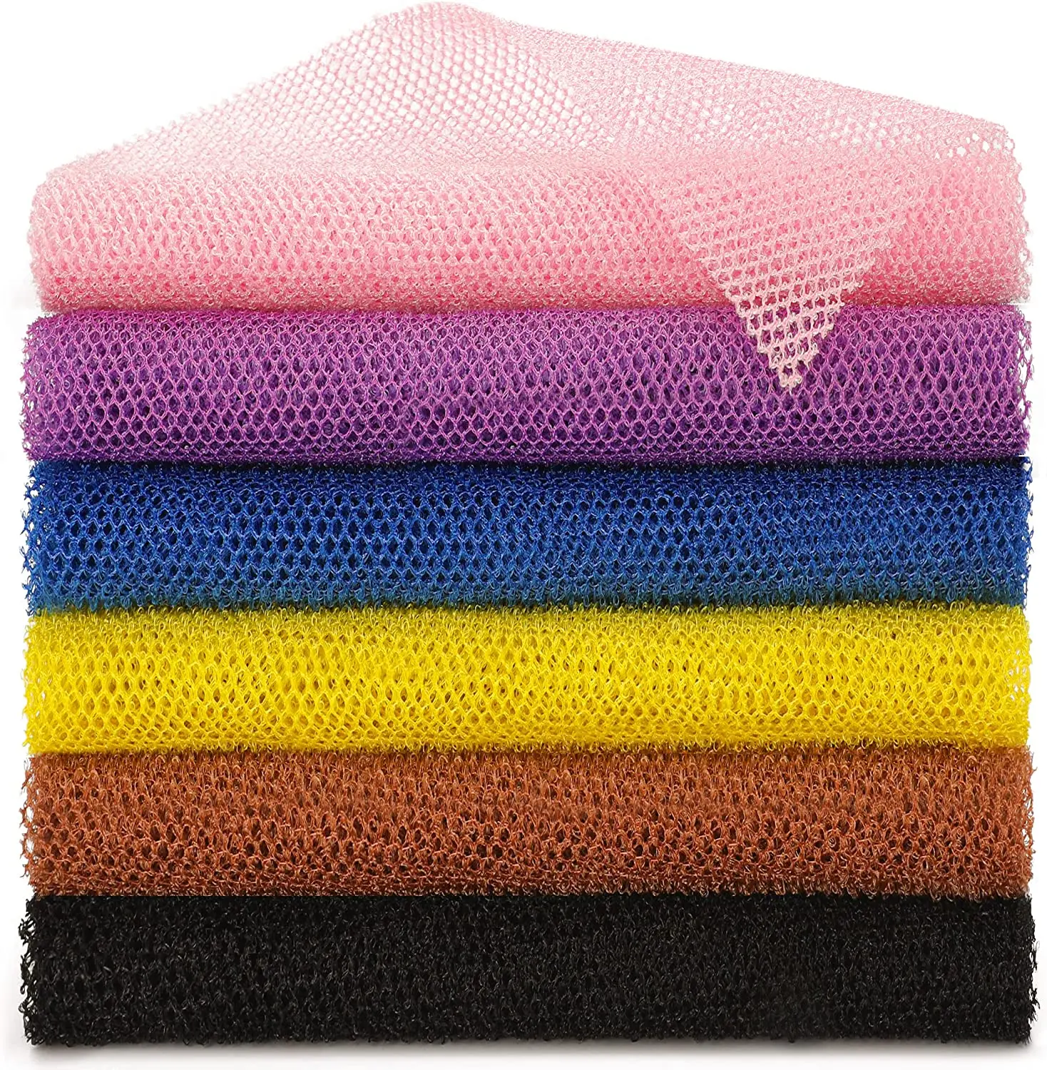 BHYTAKI 6 Pieces African Net Sponge African Exfoliating Net Long African Bath Sponge Washcloth Shower Net African Body Scrubber Net for Skin Smoother Daily Use(Pink,Yellow,Purple,Black,Blue,Brown)
