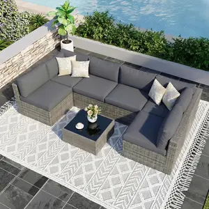 Royalcraft L 7 Pieces Outdoor Patio Furniture Set, Wicker Outdoor Patio Sectional Sofas with Coffee Table, All-Weather Patio Conversation Set for Garden Backyard, Grey