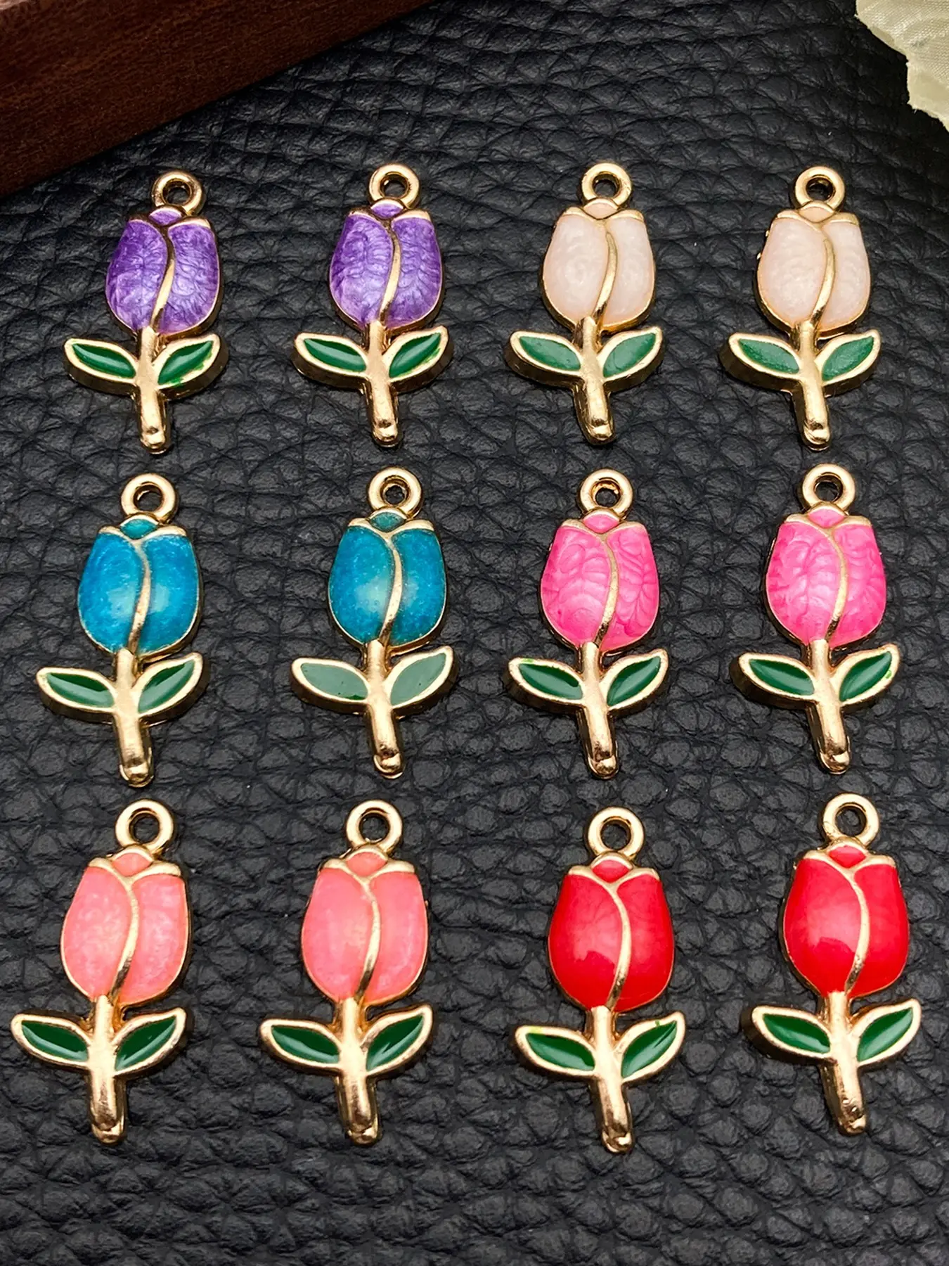 12pcs Fashion Enamel Flower Tulip Charm, 11x22mm Cute Flower Pendant, DIY Bracelet Necklace Earrings Keychain Jewelry Making Accessories, Diy With Charms