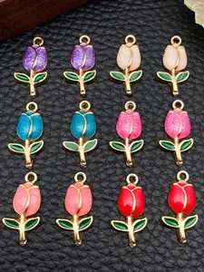 12pcs Fashion Enamel Flower Tulip Charm, 11x22mm Cute Flower Pendant, DIY Bracelet Necklace Earrings Keychain Jewelry Making Accessories, Diy With Charms