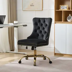 Office Chair,  Modern Velvet Upholstered Tufted Button Home Office Chair, 360° Swivel Armless Desk Chairs, 120°Rocking Ergonomic Computer Task Vanity Chairs, Black