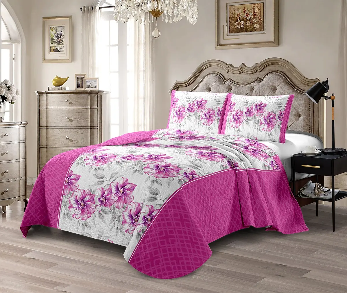 Magenta Bloom Luxury 3-Piece Quilted Bedspread Set