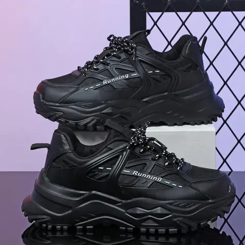 Men's Fashionable Solid Color Lace Up Low Top Sneakers, Casual Comfortable Breathable Sports Running Shoes, Male All-match Round Toe Chunky Sneakers for Daily Wear, Athletic, Casual Running Footwear, Trendy Running Shoes, Sporty Running Shoes