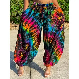 Plus Size Tie Dye Print Baggy Pants, Vacation Style Harem Pants For Spring & Summer, Women's Plus Size Clothing
