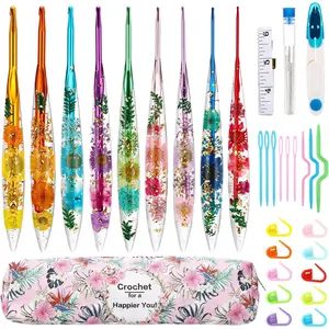 9 count Crochet Hook Set, 2.0mm-6.0mm  Crochet Hooks with Long Floral Handle for Beginners Crocheting Lovers, Includes Storage Bag and Other Accessories