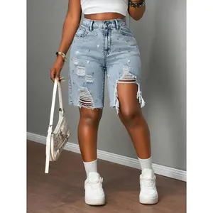 New Women's Denim Shorts Low Waist Loose Ripped 5-Point Pants Loose Bermuda Diamond Decoration / Light Blue Denim Shorts / Autumn Women's Clothing / Back To School / Women's Country Clothing / Country Concert Clothing / Vintage Women's Clothing / Going Ou