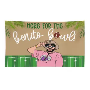 Wall Tapestry Beige And Green With Football Field Design And Text Here For The Benito Bowl Featuring Cartoon Character In Pink Shirt And Hat Suitable For Bedroom Or Living Room Decor