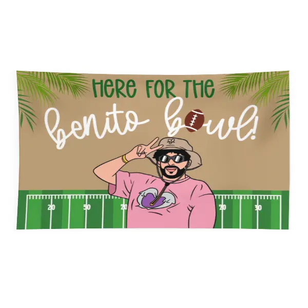 Beige-Green Football Field Full Width Print Wall Tapestry - Wrinkle Resistant, Multi-Size, 40x30inch(100*76cm), Hand Wash Safe, with Pink-Shirt Cartoon Character & Benito Bowl Text, Aesthetic Home Decor for Bedroom, Living Room, Indoor/Outdoor, Custom Pri