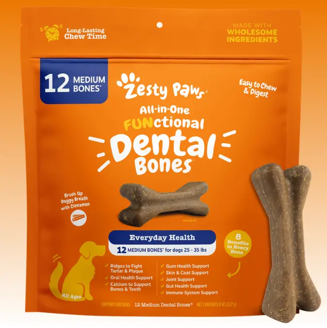 Zesty Paws All-in-One Functional Dental Bones for Medium Sized Dogs 25-35 lbs - Cinnamon Flavor Oral Health & Fresh Breath Support - Feeding