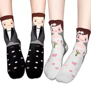 (2 Pairs)Wedding Couple Socks Set Bride Groom Matching Mid Calf Socks for Wedding Day Valentines Gift
