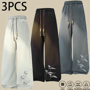 Men’s summer ice silk cool wide-leg pants, Chinese style with crane embroidery, casual drawstring trousers, lightweight breathable quick-dry streetwear loose fit pants for men