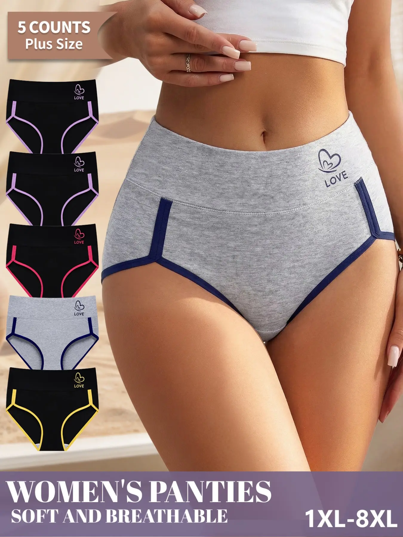 Morelect Plus Size Colorblock Women's Underwear Panties, Panty Set, High Waist Casual Comfortable Breathable Comfy Knicker, Soft No Sweat, 1xl-8xl, 5 Pcs Set