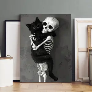 Skeleton & Cat Embrace Pattern Unframed Painting, Modern Art, Fashion Poster, Living Room Bedroom Decoration, Hallway Office Mural, Kitchen, Home Poster, Wall