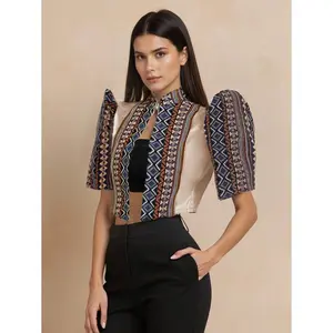 Amyenjoylife Modern Filipiniana 1PC Women's Fashion Semi-Transparent Fabric Splicing Stand-Up Collar Design Senseelegant Style Puff Sleeve Top, Button-Up Blouse Spring And Summer Bolero Filipiniana For Women