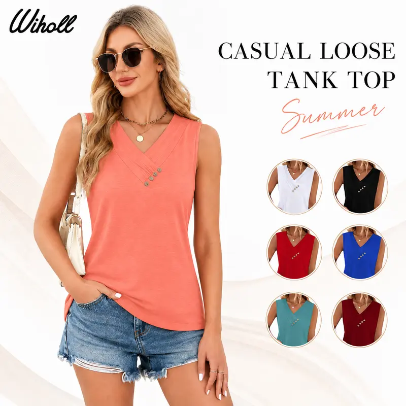 WIHOLL Women's Stretchy 5% Spandex-Polyester Blend V-Neck Button-Down Tank Top - Sleeveless, Soft, Breathable, Loose-Fitting, Gentle on Skin, Light Iron, Business-Casual for Office, Holiday 2026 Summer (Tank Tops for Women)