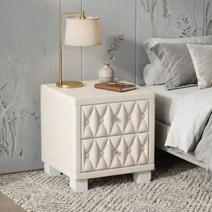 Elegant Beige Velvet Nightstand with 2 Drawers & Crystal Handles, Button-Tufted Design, Storage Bedside Table with Button-Tufted Details, Beige