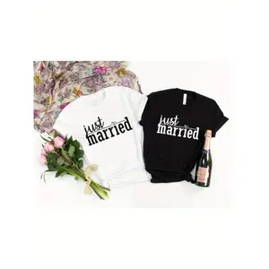1pc Just Married Matching Couple Shirts, 100%, Mr. And Mrs. T-Shirts, Honeymoon Shirts, Wedding Gift, Romantic Valentine'S Day Gift for Couples