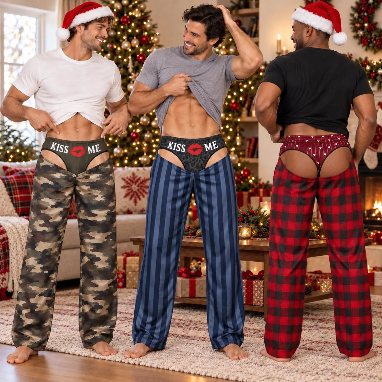 Kiss Me Camo Funny Mens Pajama Pants, Custom Pajamas for Relaxed Evenings, Bold Gag Gifts and Christmas Pajamas with Playful Humor