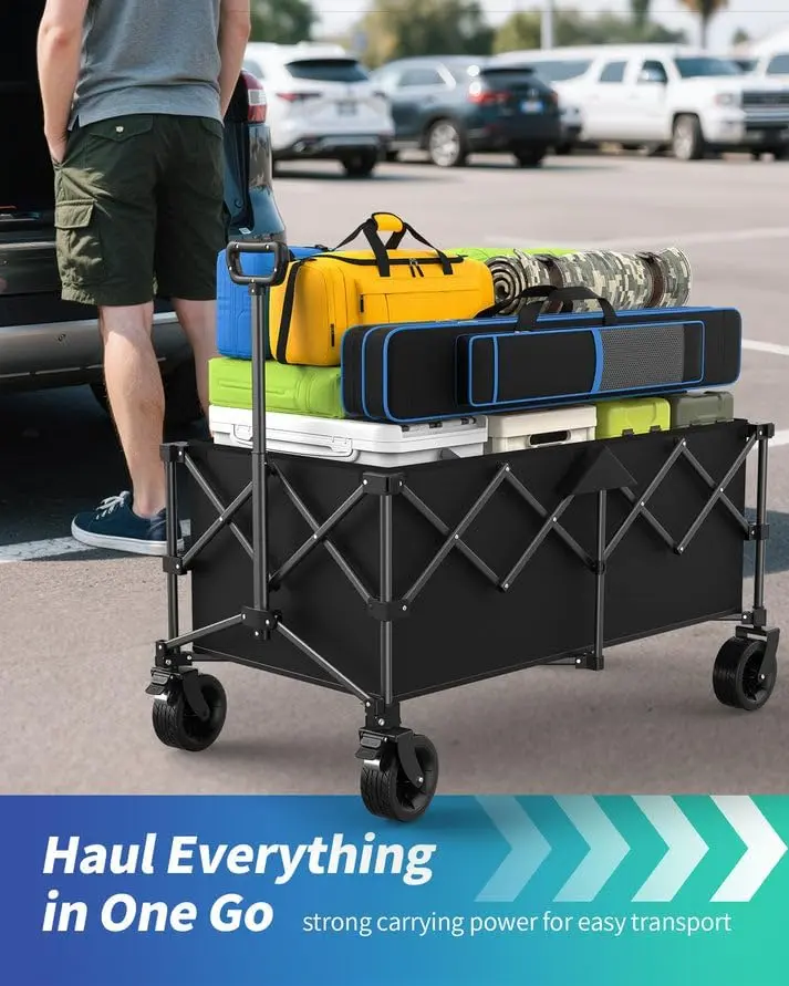 Large Steel Heavy Duty Folding Utility Wagon with Wheels - 440 lb Capacity, 45.5x24.0x38.0 in Collapsible Home Storage Cart for Shopping, Camping (Black)