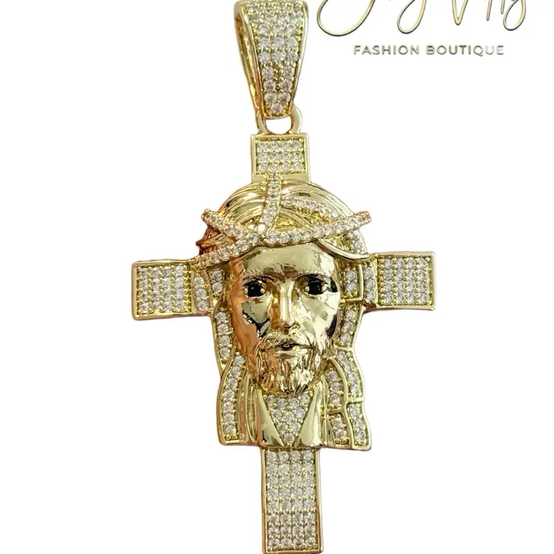 Gold Plated Jesus Cross Pendant with Face Detail and Zirconia Accents