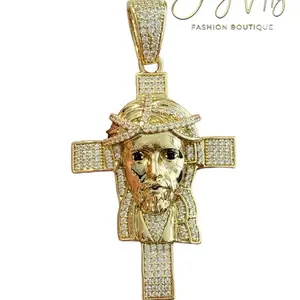 Gold Plated Jesus Cross Pendant with Face Detail and Zirconia Accents