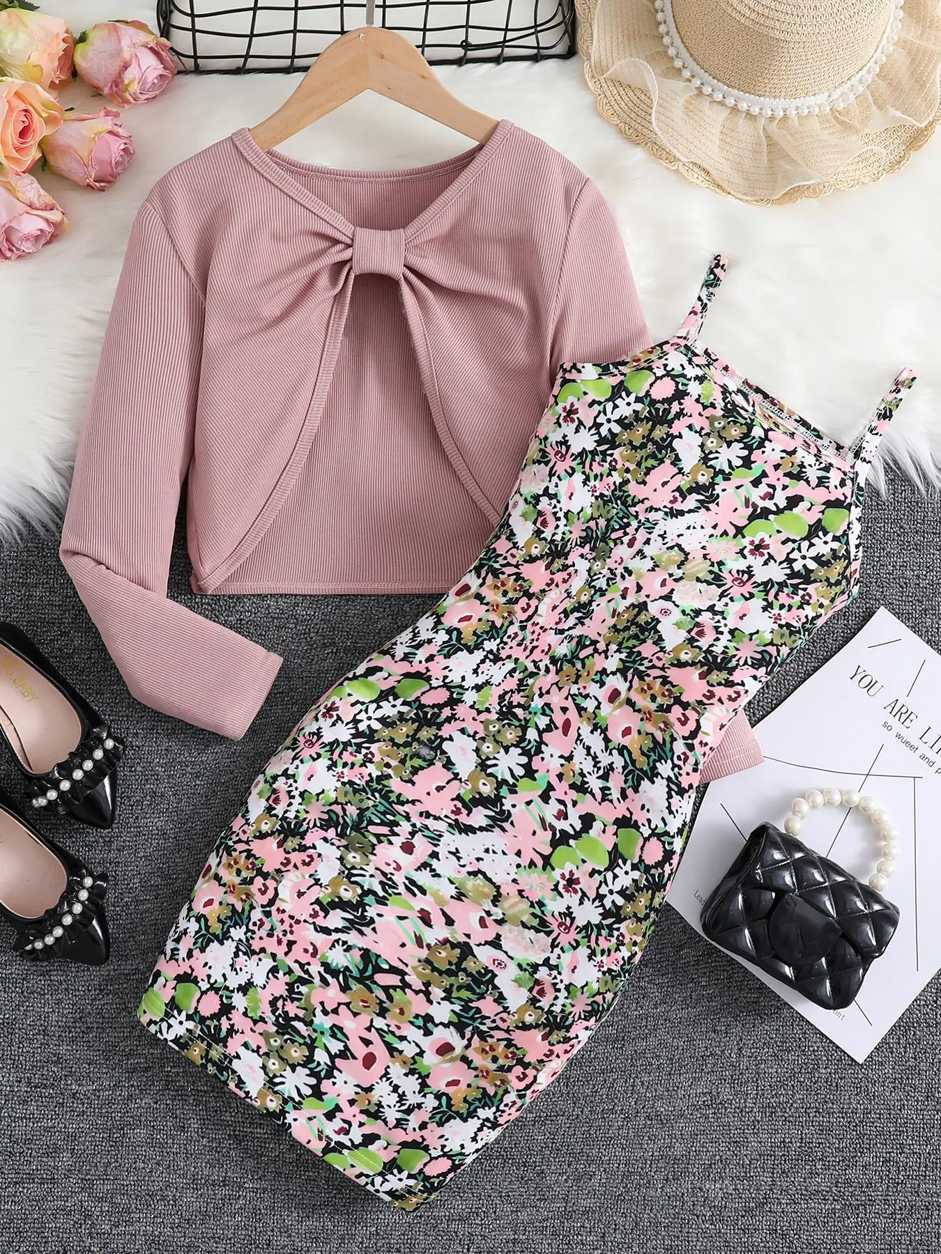 Two-piece Set Girl's Ruched Tee & Floral Print Cami Dress Set, Elegant Fashion Casual Outfits for Daily Outdoor Wear, Girls Clothing for Fall & Winter