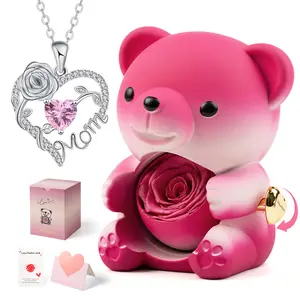 【Buy 2 Get 1 Free】True Love Real Rose Bear Gift Box with Pink Heart Mom Necklace – Romantic Jewelry Gift for Mom, Daughter, Girlfriend & Wife