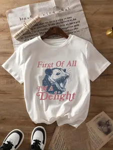 Women's Cartoon Opossum & Letter Print Round Neck Tee, Fashion Casual Crew Neck T-Shirt for Daily Holiday Vacation Outdoor Wear, Ladies Clothes for Summer