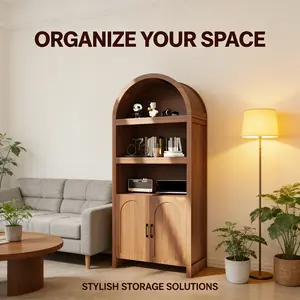LH-High-Grade Storage Cabinet with Sturdy Construction Easy to Assemble for Home Storage and Decoration，Modern Classic 71" Arched Storage Cabinet with Mid Century Doors, 5 Tier Arched Bookcase