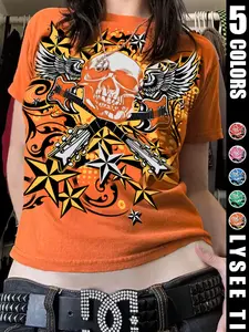 Women's Cartoon Skull Graphics Print Crew Neck Fitted Tee, Street Fashion Chic Casual Short Sleeve T-Shirt Top for Daily Holiday Vacation Outdoor Wear, Ladies Clothes Womenswear for All Seasons