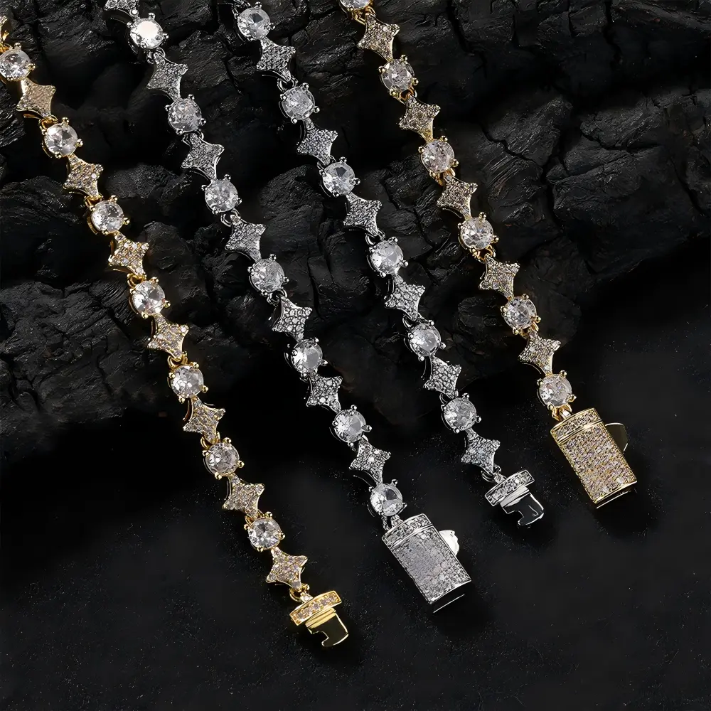 QUEENDO Star Shape Iced Tennis Chain, Round Stone Star Link Necklace, Gold Silver Rose Gold 3 Colors Available, Box Clasp Hip Hop Adjustable Link Bracelet, Daily Party Jewelry Gift