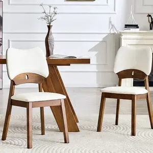 ARCH Set of 2 Walnut Solid Wood Dining Chairs with White PU Padded Seat and Backrest, Ergonomic Curved Hollow Back Design, 18-Inch Seat Height, Sturdy Wood Legs with Non-Slip Pads, for Dining Room Kitchen Home Use, Walnut/White Color Options